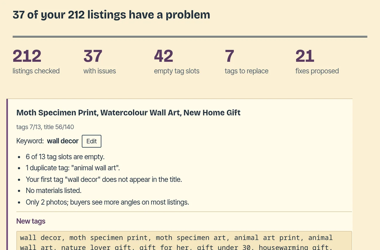 Shop audit stats: listings checked, listings with issues, empty tag slots, and a listing's issues with copy-ready new tags