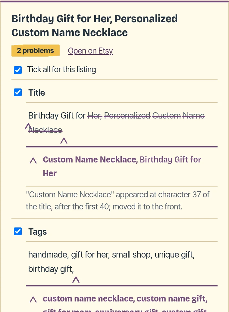 One listing's fixes: the title before and after with a reason, the tags struck through and the added tags in green
