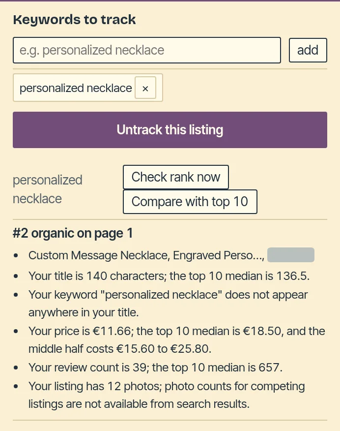 Listrank's listing panel on an Etsy listing: keywords to track, the rank on page 1, and how the title, price and reviews compare with the top 10