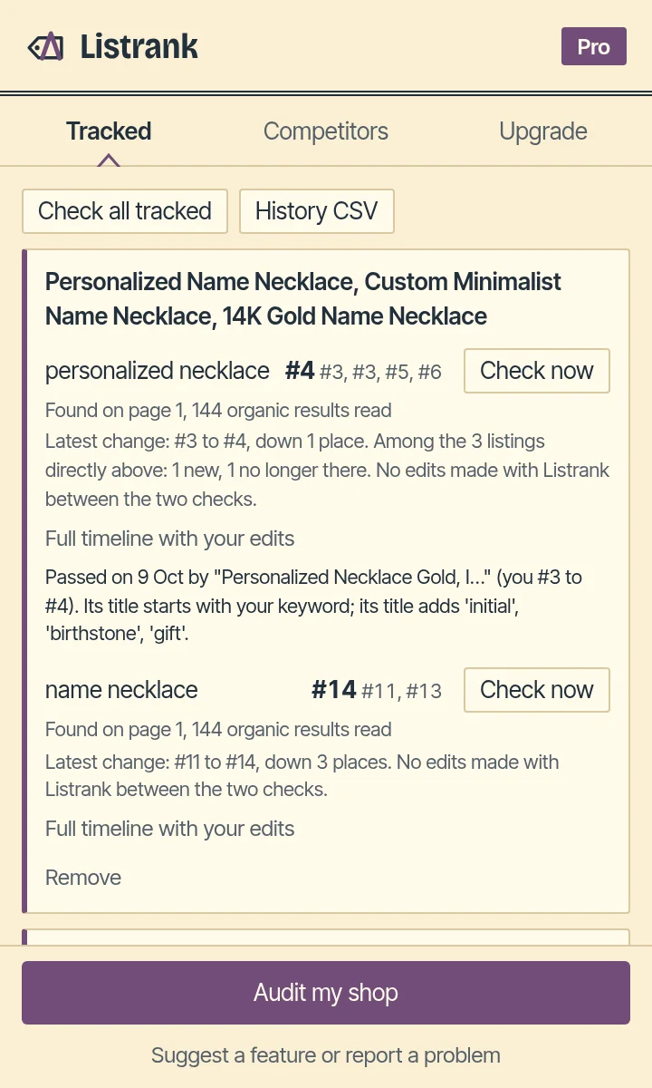 The Listrank popup with tracked listings, ranks such as #7 and #14 with earlier checks, and buttons for Audit my shop and Fix my shop