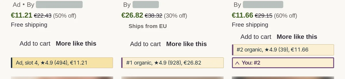 Etsy search results with Listrank labels: an organic #2 label under a listing and an outlined You: #2 marker