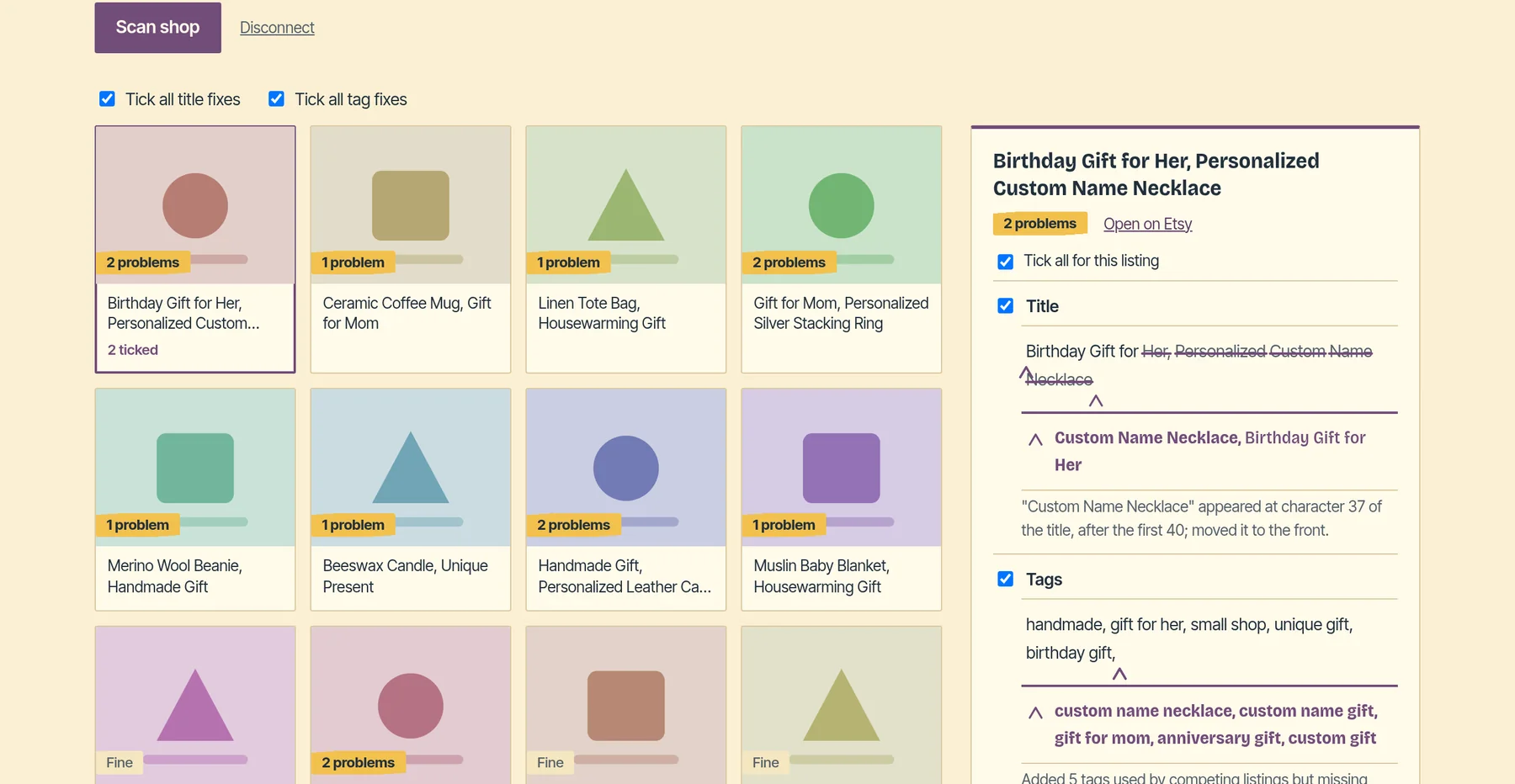 Listrank's Fix my shop review step: a grid of listings, each wearing a yellow tag with its problem count, and the selected listing's title, tag and price fixes beside it with the Apply button below